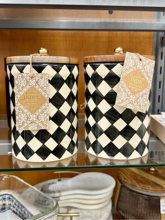 Other - Handcrafted Black & Cream Check Ceramic Canister with Wooden Lid